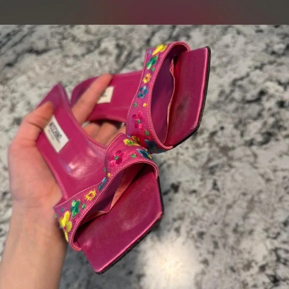 Moschino Pink Floral Embroidered Mule with Green Stiletto Heel - Picture 8 of 8